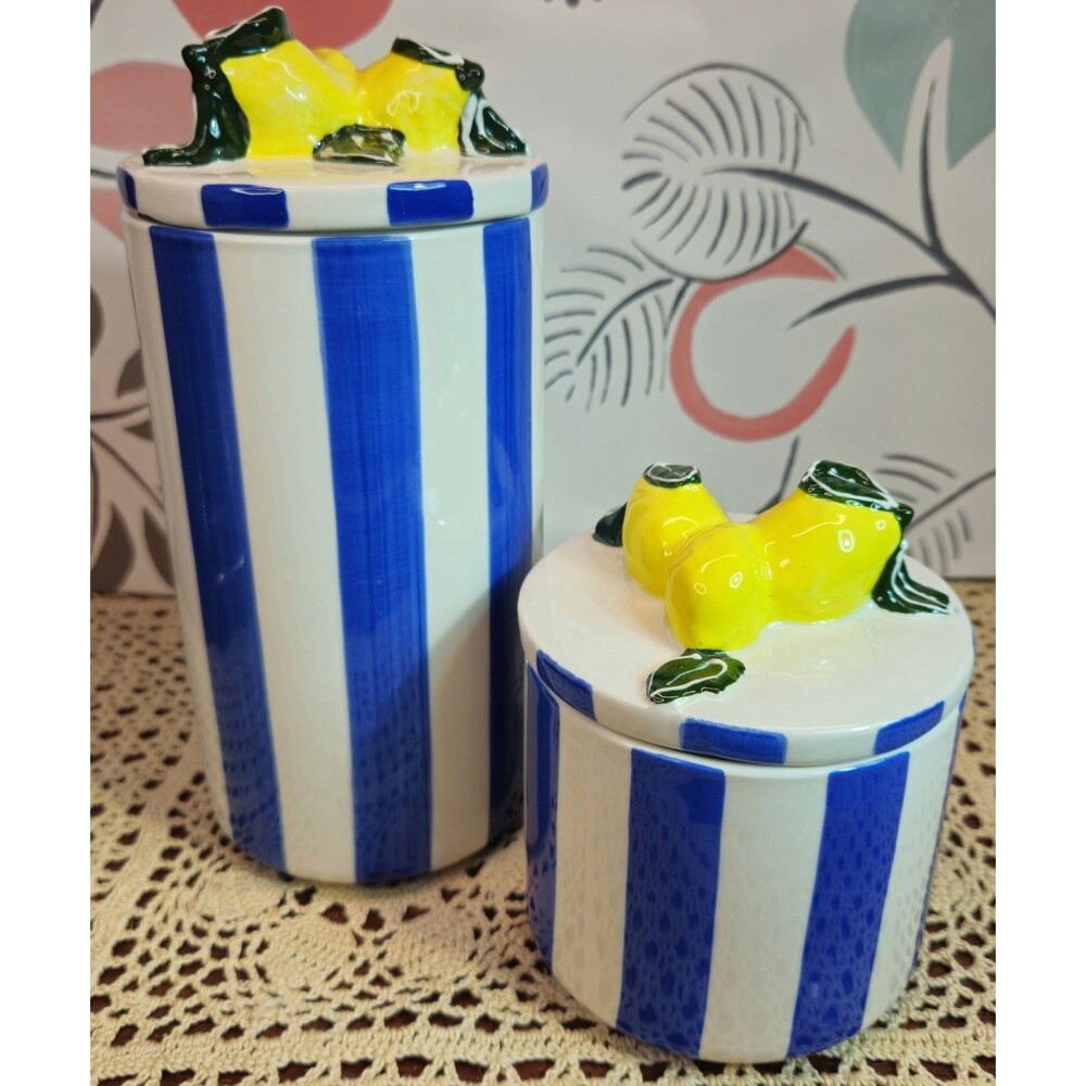 NWT Set of 2 Blue & White Striped Lemon Themed Canisters w/ Freshness Lids
